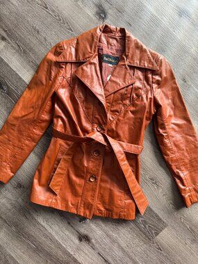 Vtg 70s Reitmans cognac leather western boho belted jacket / sz S